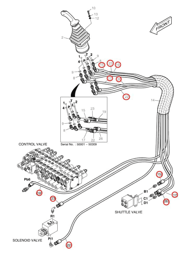 Doosan DX55 installation diagram showing hydraulic hose DS2092062 at Pipe No. 26