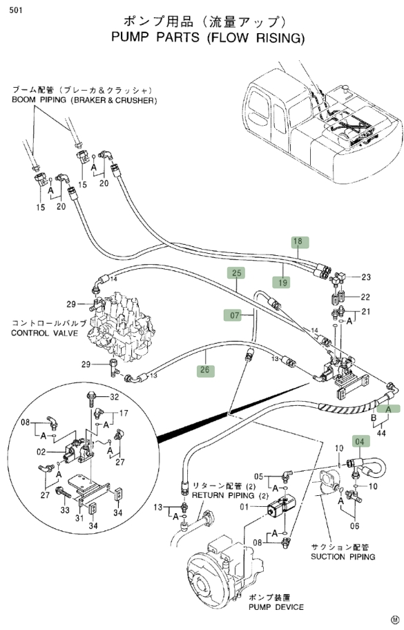 Hitachi EX200LC-5 installation diagram showing hydraulic hose 4375516 at Pipe No. 26