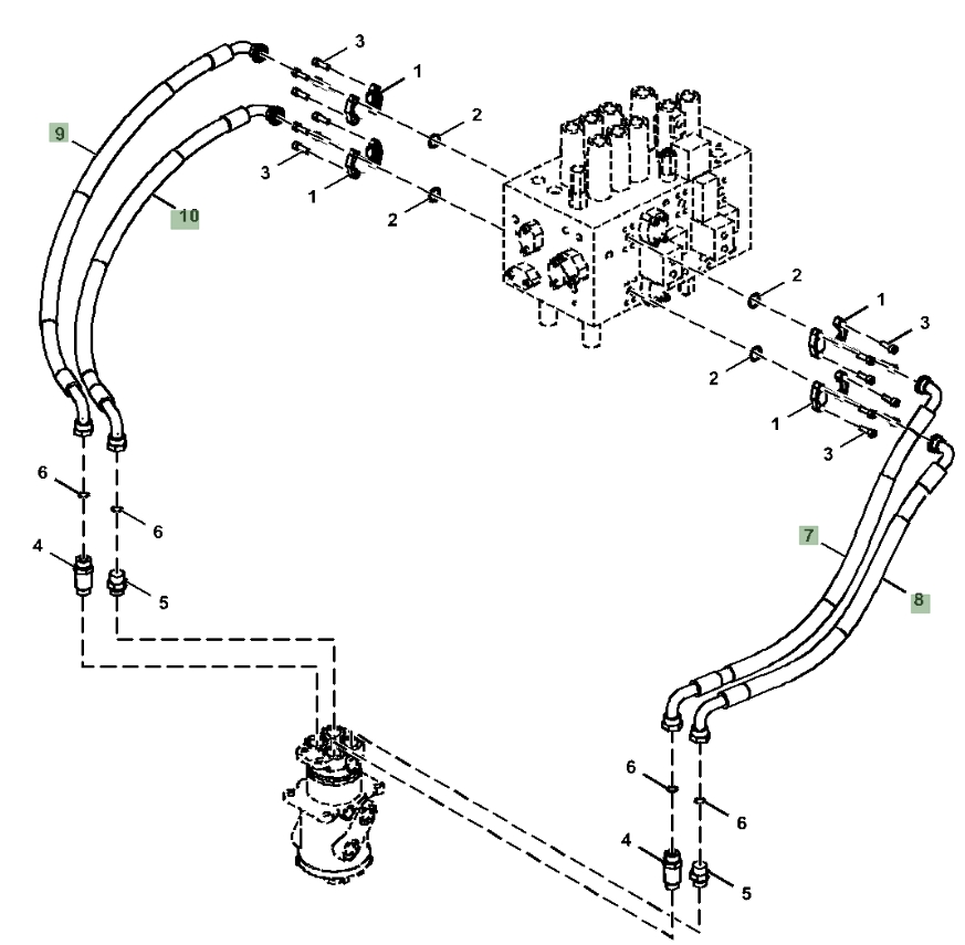 Hitachi ZX160LC-6N installation diagram showing hydraulic hose 4643291 at Pipe No. 8