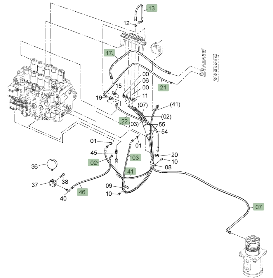 Hitachi ZX650LC-3 installation diagram showing hydraulic hose 4644370 at Pipe No. 17