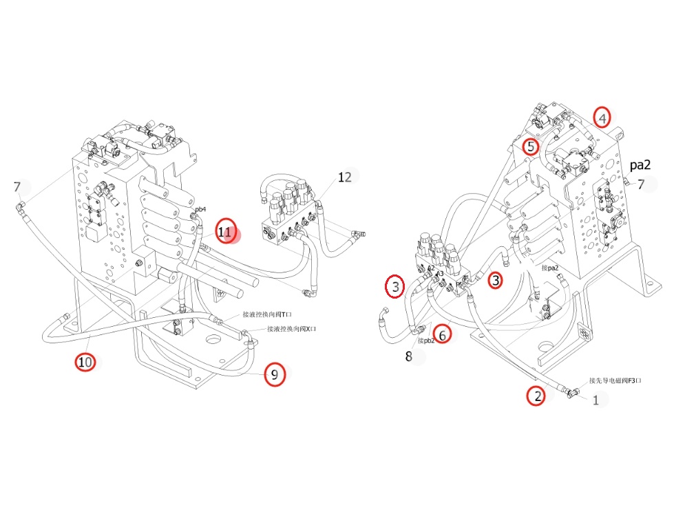 Sunward SWE215F-5 installation diagram showing hydraulic hose 730502001142 at Pipe No. 3