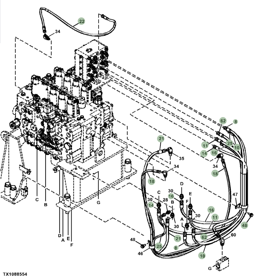 Hitachi ZX470LC-6 installation diagram showing hydraulic hose 4712899 at Pipe No. 18