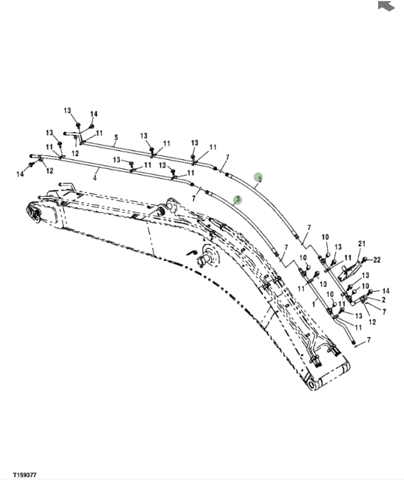 Hitachi ZX200F installation diagram showing hydraulic hose 4357695 at Pipe No. 3