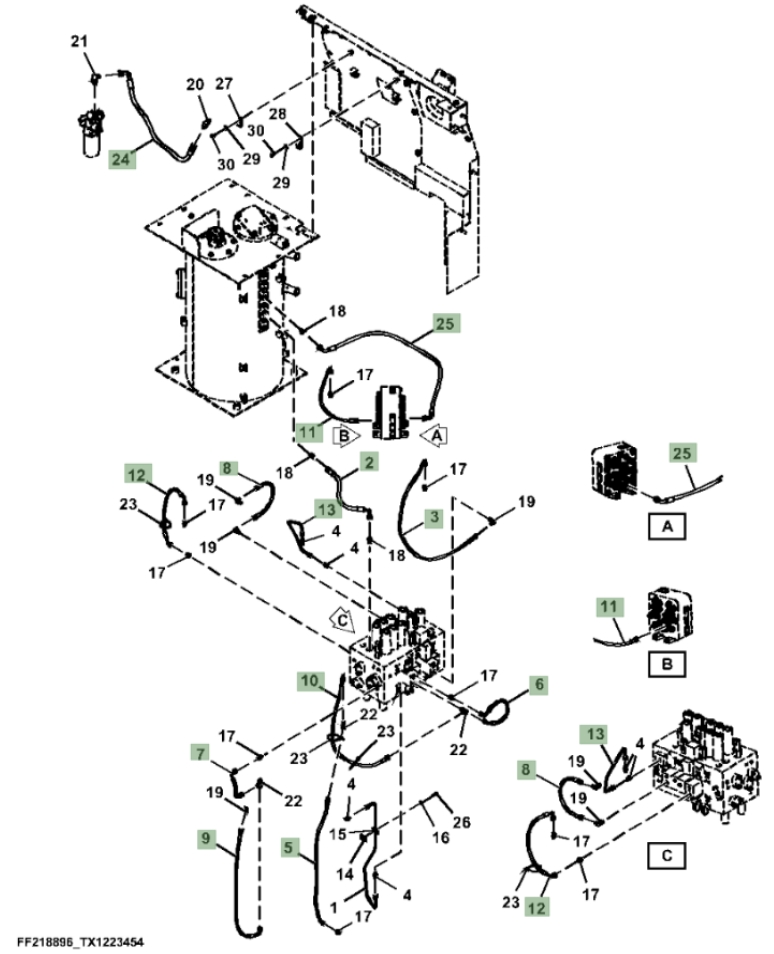 Hitachi ZX210F-FE-6N installation diagram showing hydraulic hose FF510410 at Pipe No. 25
