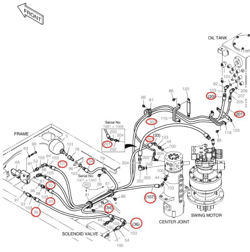 Doosan DX160W-3 installation diagram showing hydraulic hose DS2121166 at Pipe No. 107