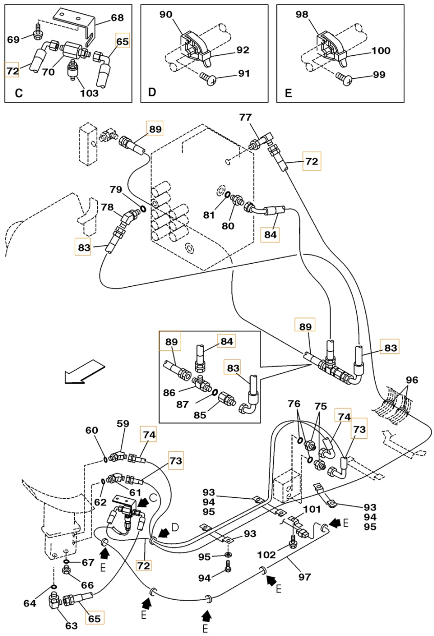 Case CX180 installation diagram showing hydraulic hose 159019A1 at Pipe No. 74