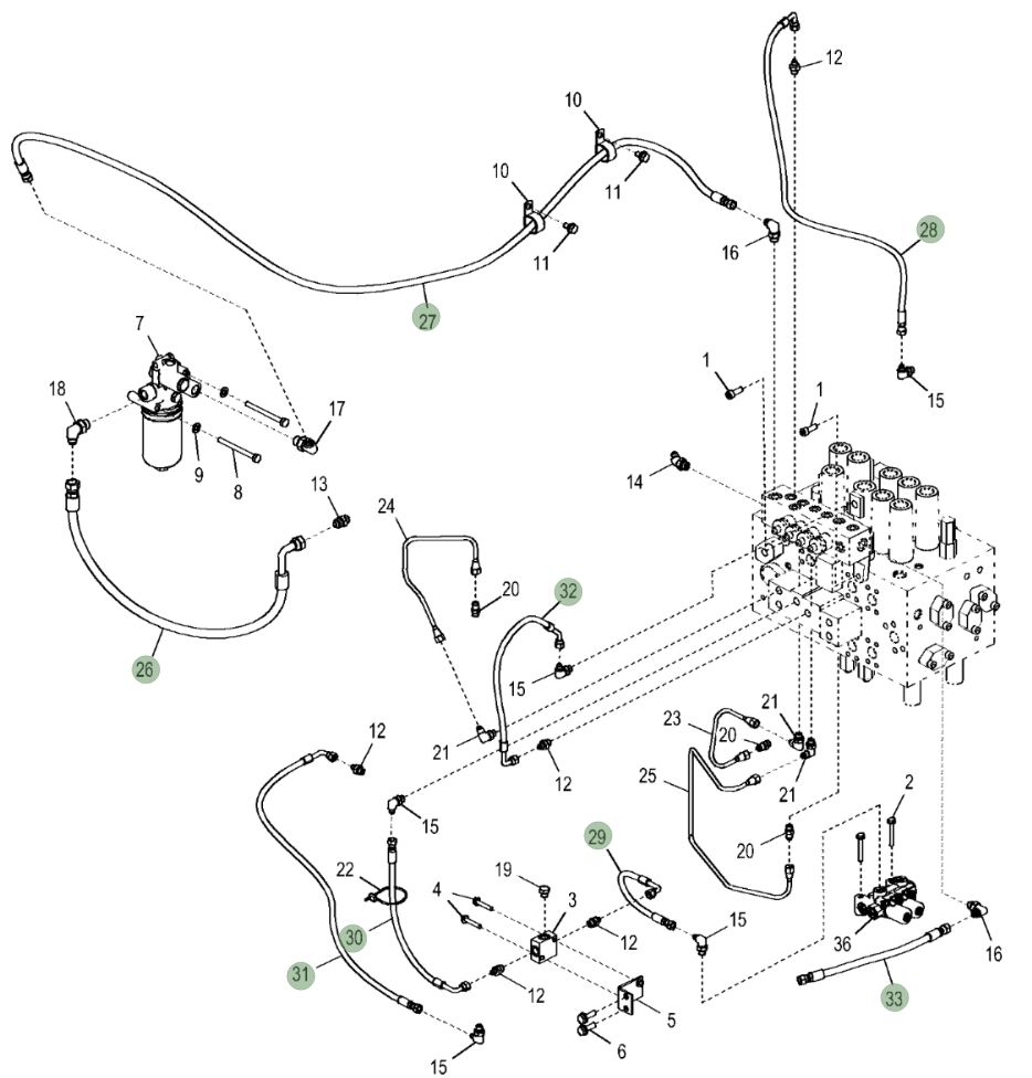 Hitachi ZX350LC-5N installation diagram showing hydraulic hose 4643029 at Pipe No. 32