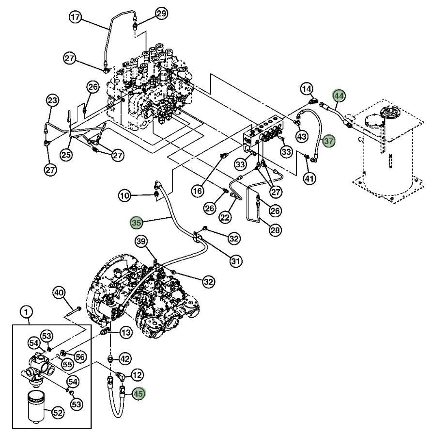 Hitachi ZX200LC-3 installation diagram showing hydraulic hose 4643029 at Pipe No. 37