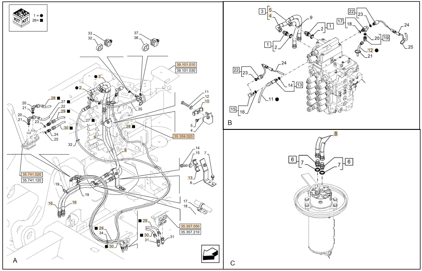 Case CX130E installation diagram showing hydraulic hose KHJ2054 at Pipe No. 29