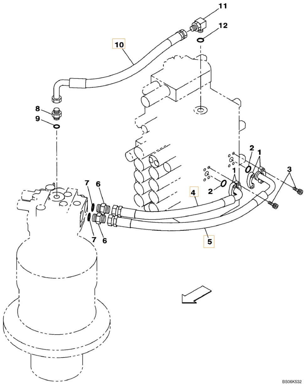 Case CX240BLR installation diagram showing hydraulic hose KRJ10730 at Pipe No. 4