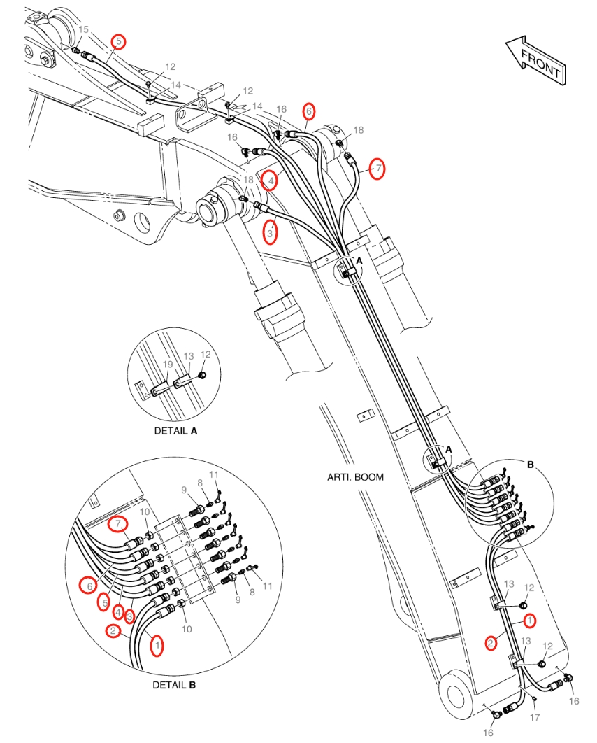 Doosan DX140W-5 installation diagram showing hydraulic hose 2184-1045D125 at Pipe No. 6