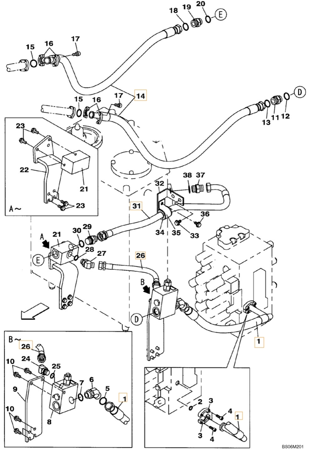 Case CX240BLR installation diagram showing hydraulic hose KBJ11820 at Pipe No. 26