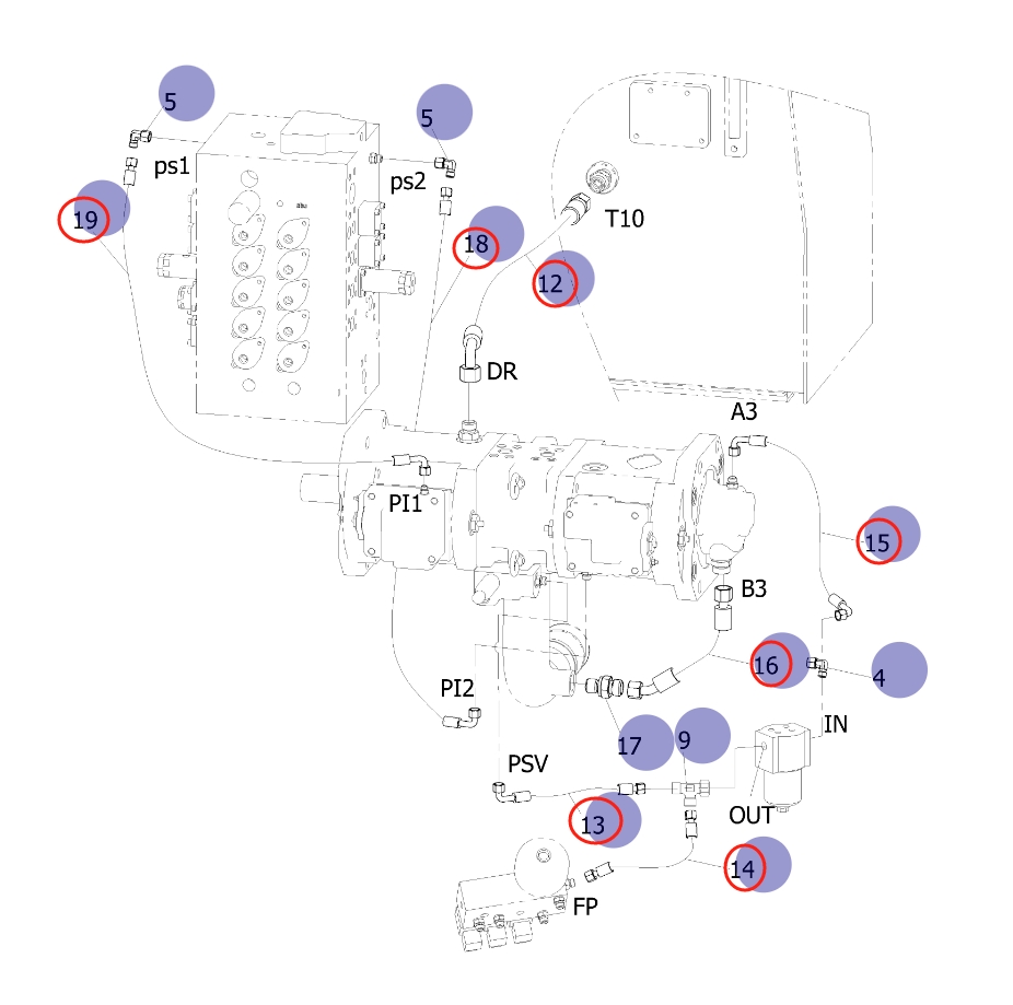 Sunward SWE155E installation diagram showing hydraulic hose 73050200A083 at Pipe No. 14