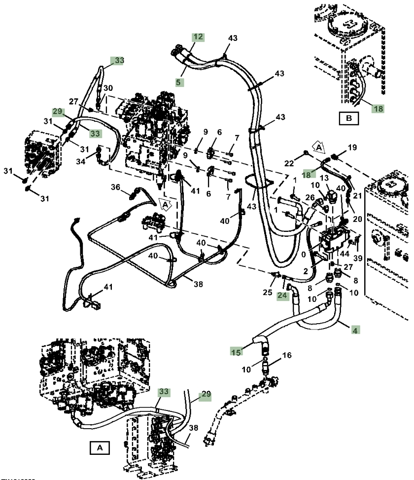 Hitachi ZX135US-6N installation diagram showing hydraulic hose 4710223 at Pipe No. 18