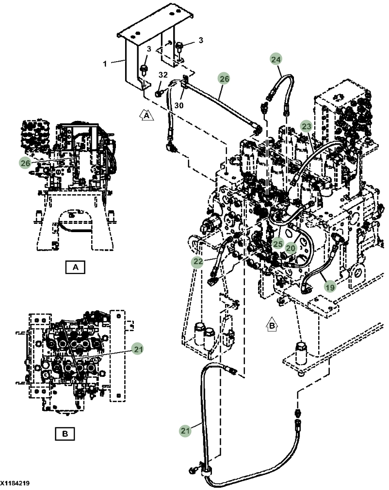 Hitachi ZX470LC-6 installation diagram showing hydraulic hose 4713501 at Pipe No. 20