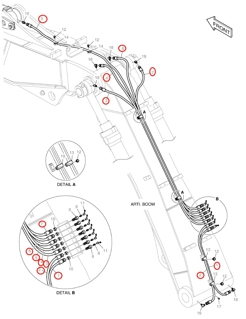 Doosan DX160LC-5 installation diagram showing hydraulic hose 2184-1045D111 at Pipe No. 7