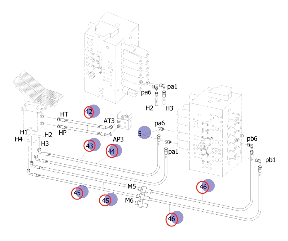 Sunward SWE155E installation diagram showing hydraulic hose 730502000789 at Pipe No. 45