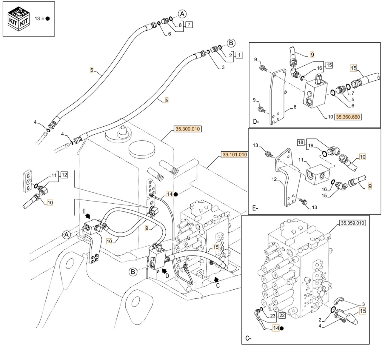 Case CX210D LC 2PB installation diagram showing hydraulic hose KHJ2310 at Pipe No. 9