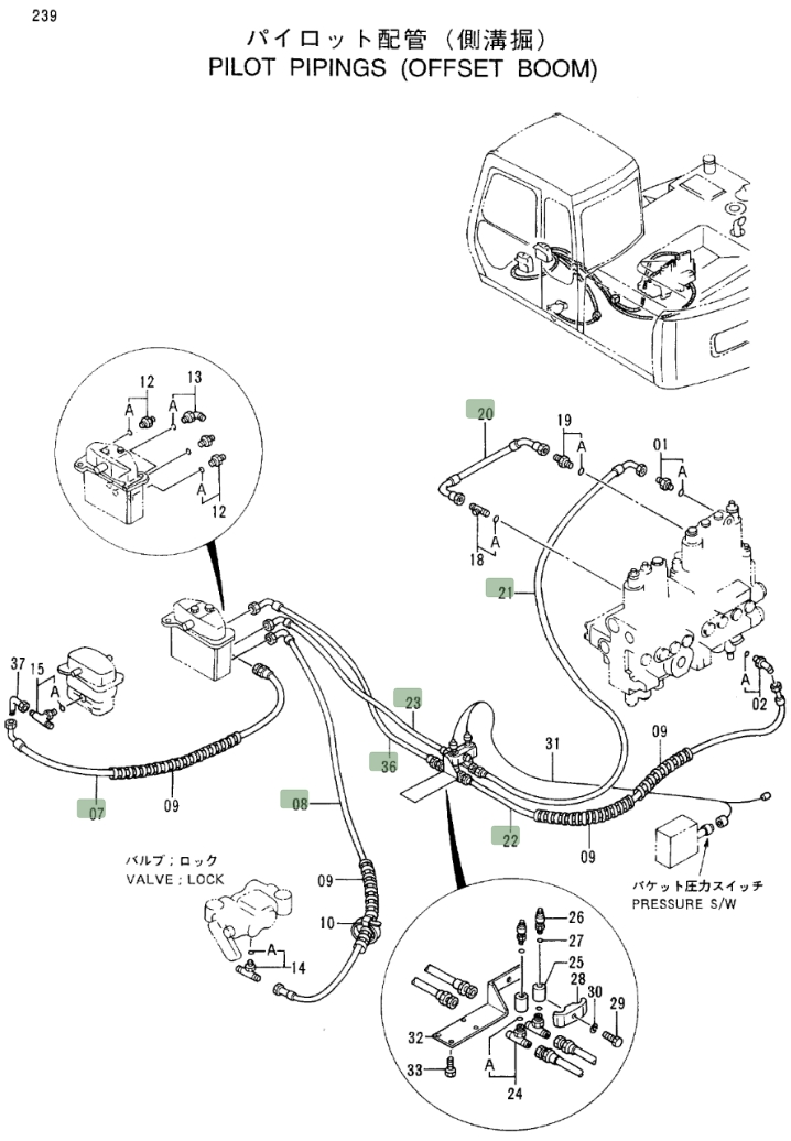 Hitachi EX100M-3 installation diagram showing hydraulic hose 4297978 at Pipe No. 23