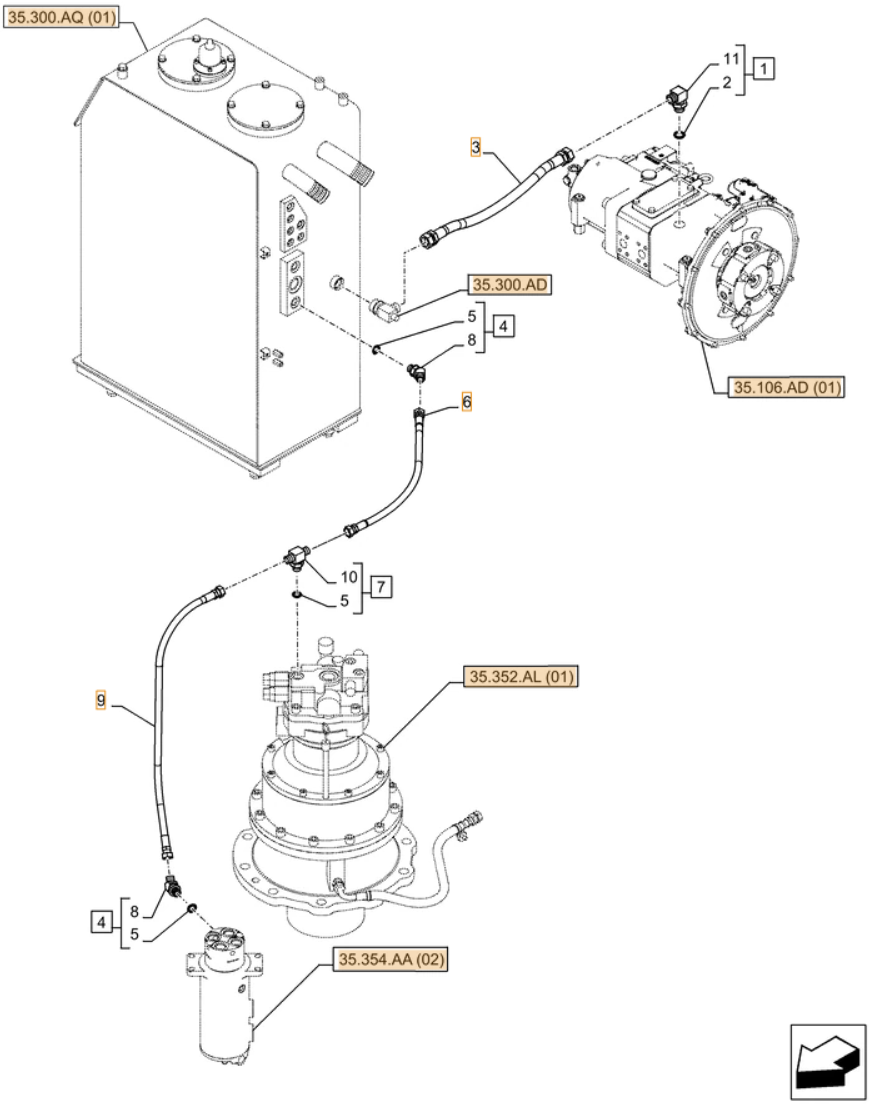 Case CX250D LC LR installation diagram showing hydraulic hose 163805A1 at Pipe No. 6