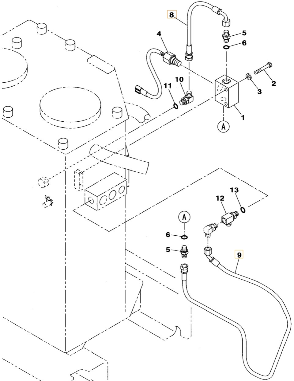 Case CX210B installation diagram showing hydraulic hose KHJ15120 at Pipe No. 9