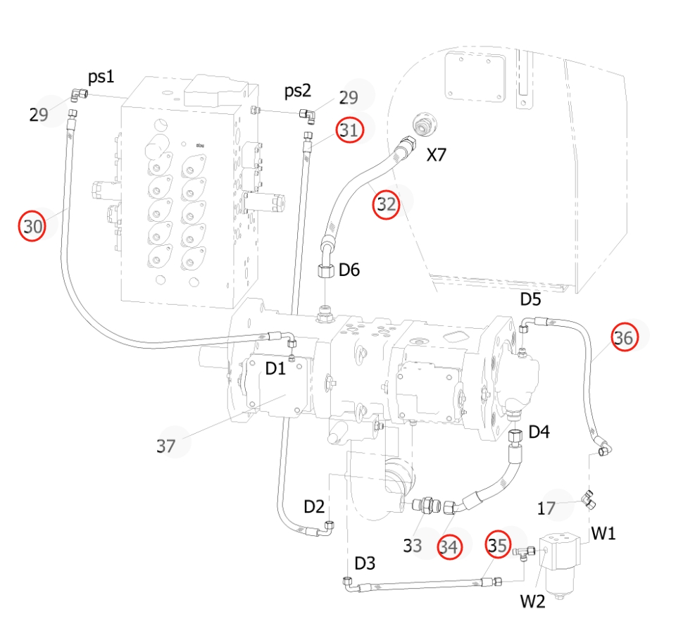 Sunward SWE225E-3H installation diagram showing hydraulic hose 730502002465 at Pipe No. 31