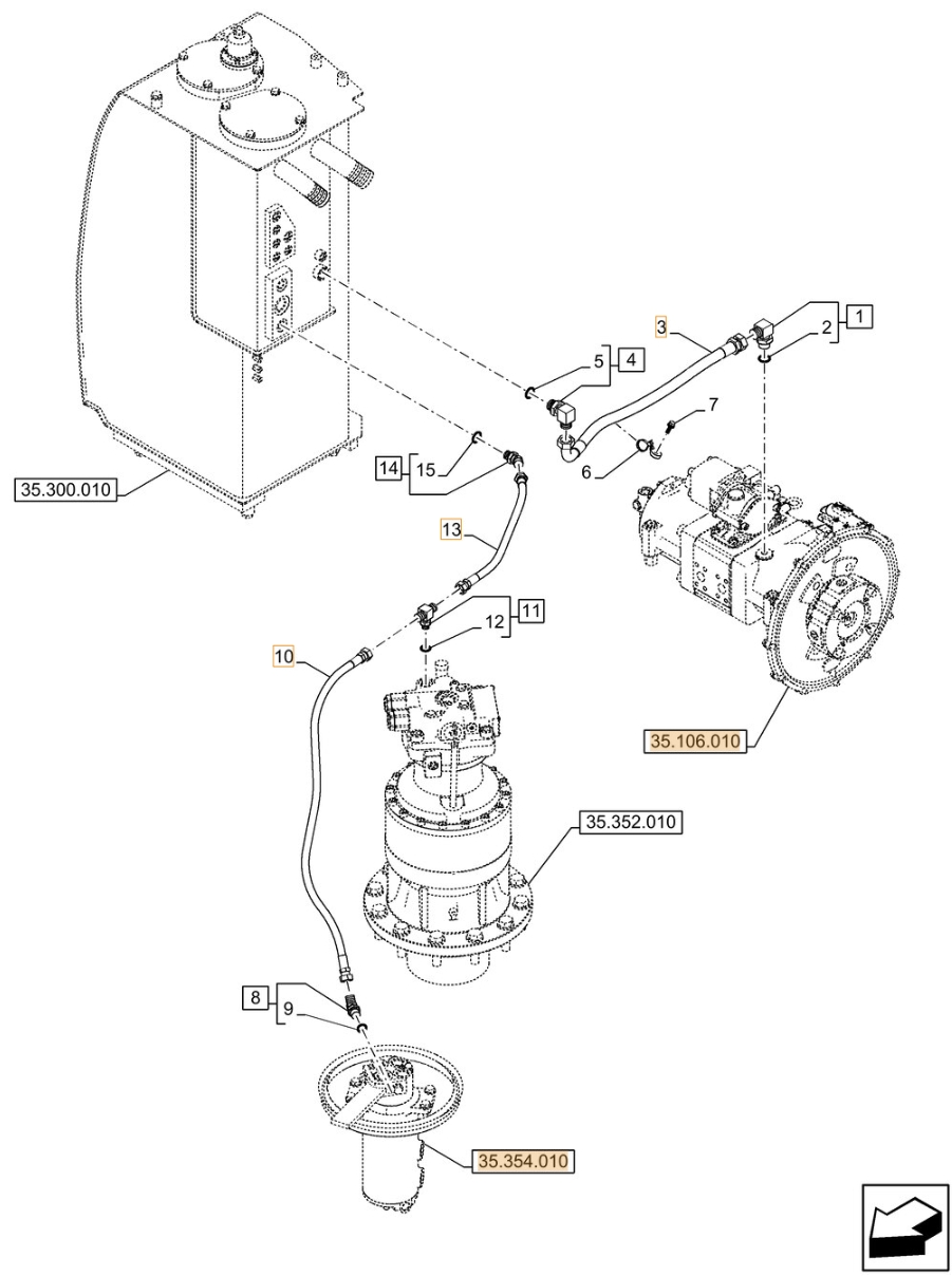 Case CX210D NLC 2PB installation diagram showing hydraulic hose KTJ2048 at Pipe No. 10