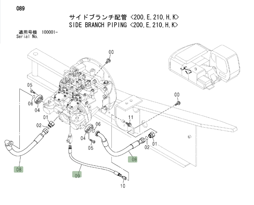 Hitachi ZX200LC installation diagram showing hydraulic hose 4442133 at Pipe No. 9