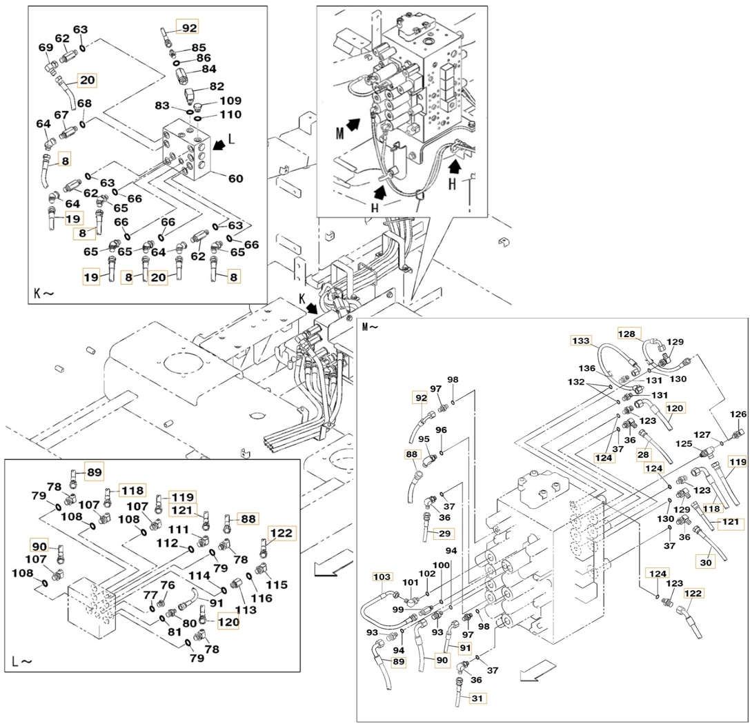 Case CX350B installation diagram showing hydraulic hose 152767A1 at Pipe No. 88