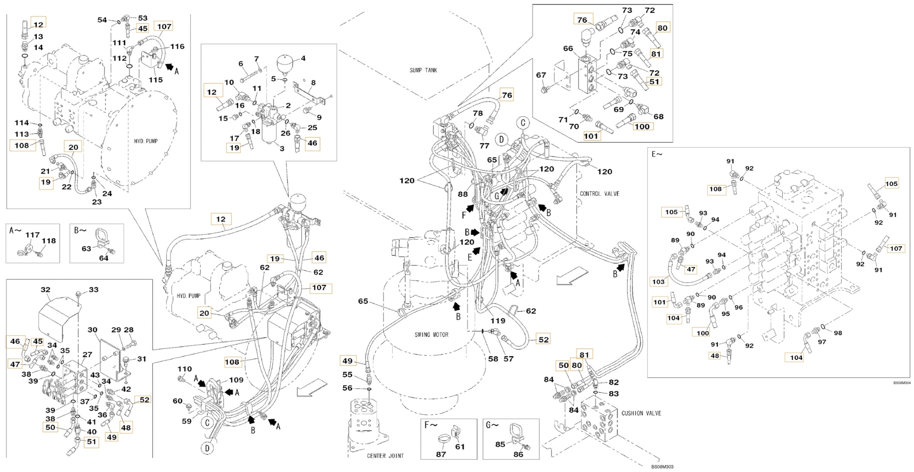 Case CX350B installation diagram showing hydraulic hose KHJ1233 at Pipe No. 108