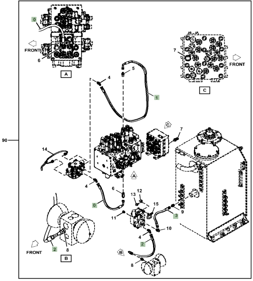 Hitachi ZX190W-5N installation diagram showing hydraulic hose 4628865 at Pipe No. 1