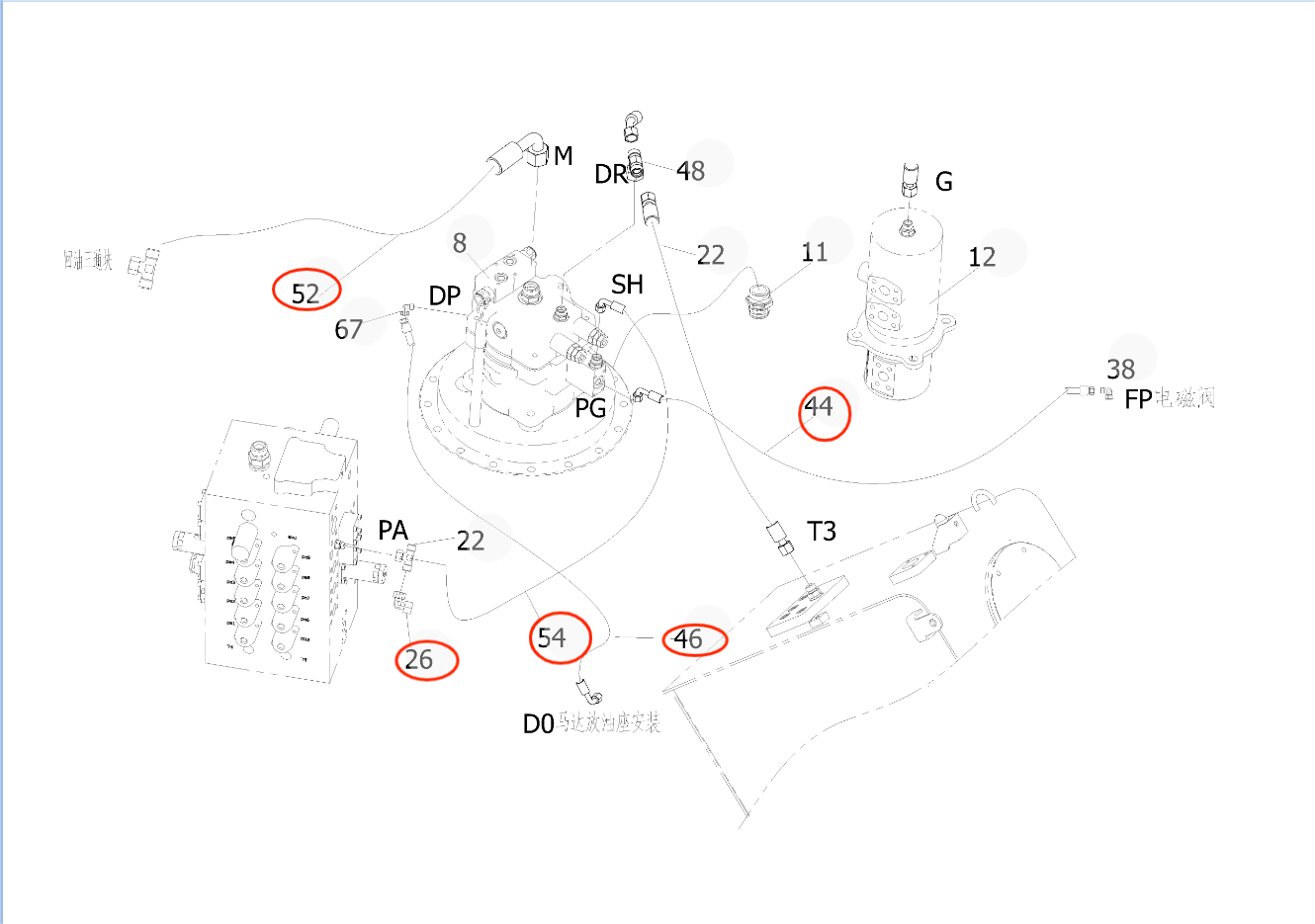 Sunward SWE135E-3H installation diagram showing hydraulic hose 730503001917 at Pipe No. 26