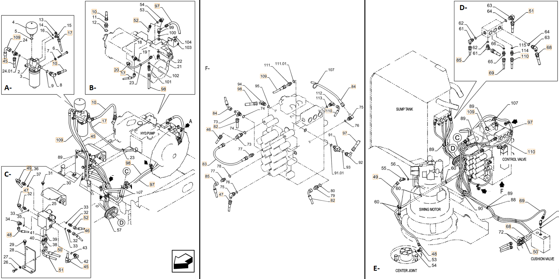 Case CX260C LC installation diagram showing hydraulic hose KHJ2148 at Pipe No. A45-C45