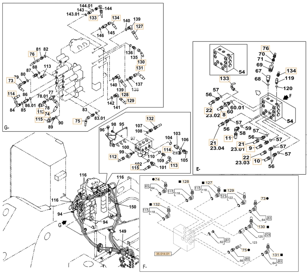 Case CX210C-8 installation diagram showing hydraulic hose KHJ11540 at Pipe No. 75