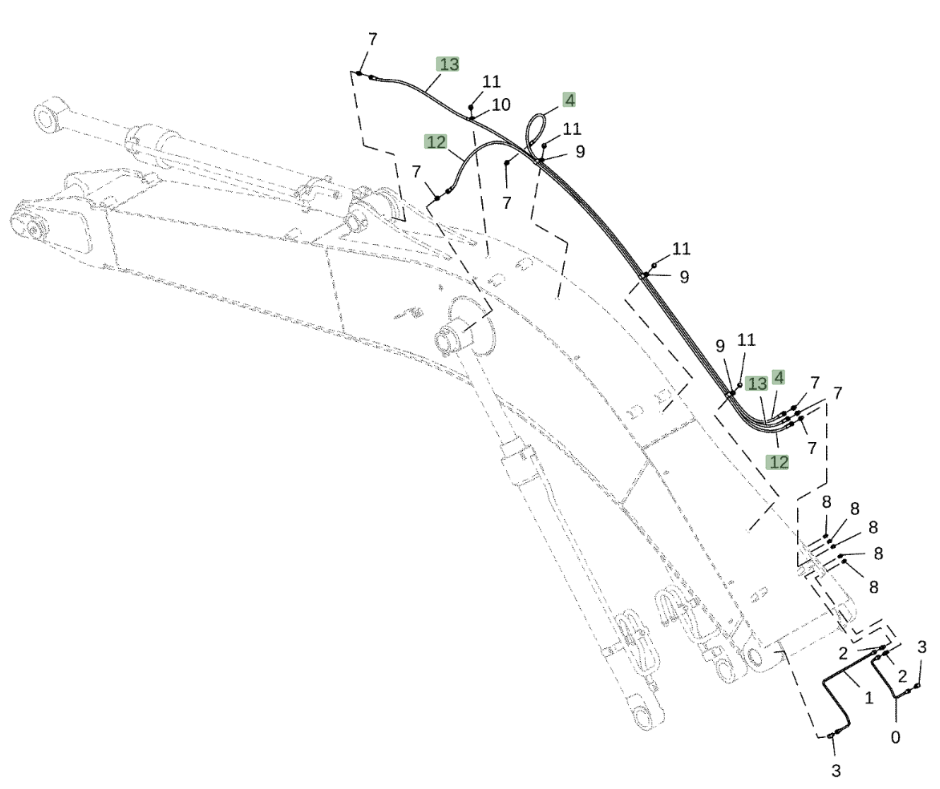 Hitachi ZX210LC-5G installation diagram showing hydraulic hose 4483563 at Pipe No. 12