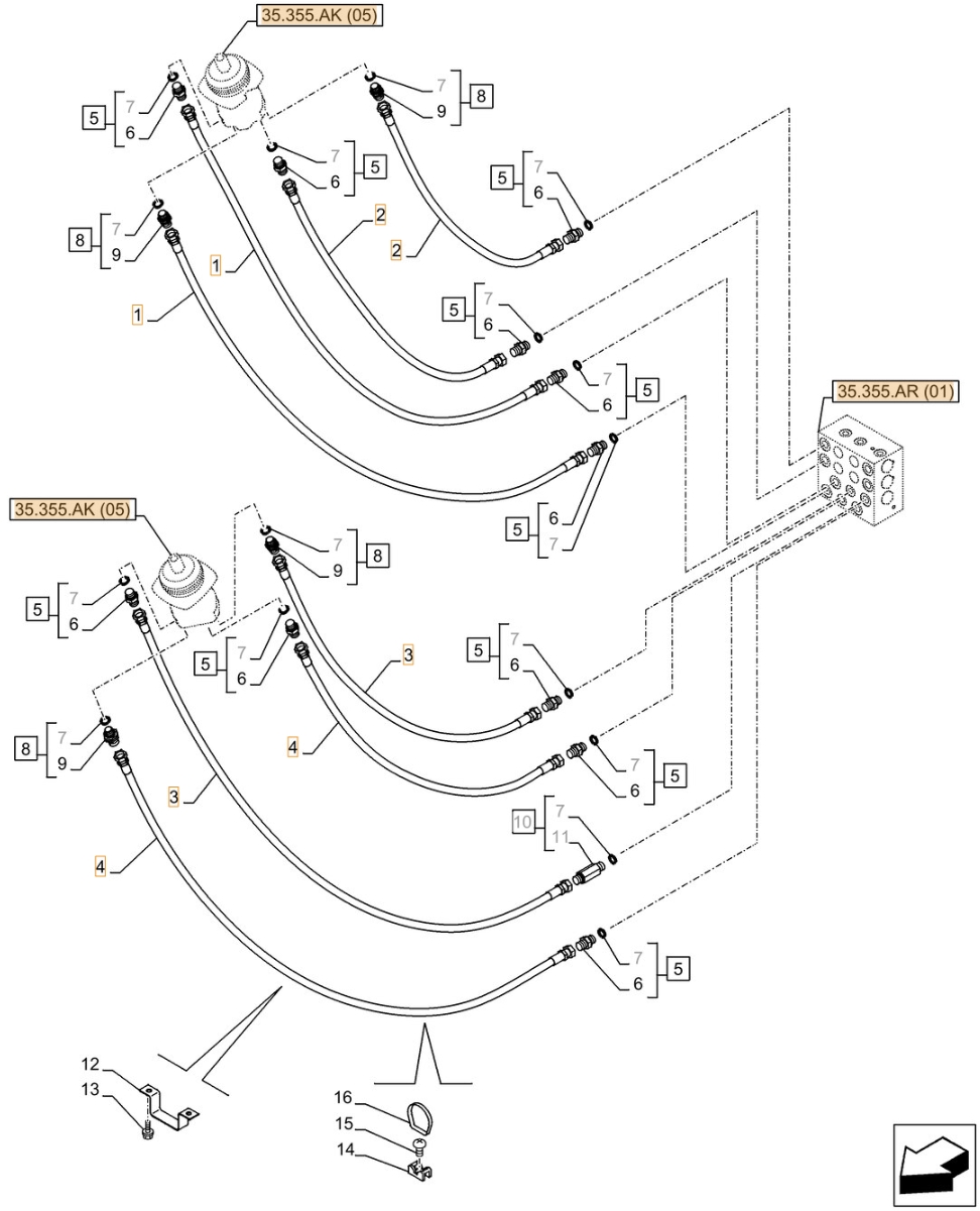 Case CX370D LC installation diagram showing hydraulic hose 168025A1 at Pipe No. 3