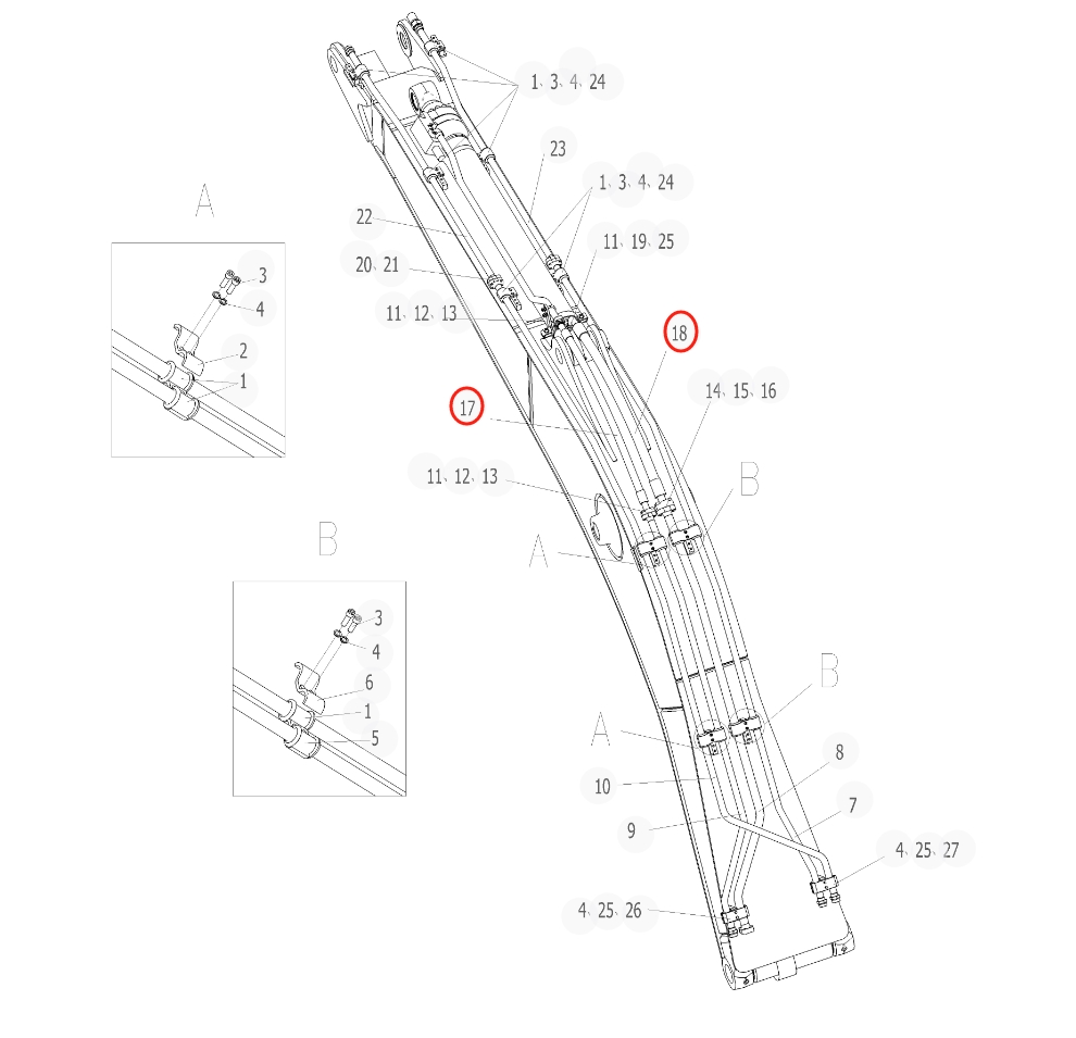 Sunward SWE215F-5 installation diagram showing hydraulic hose 730501003078 at Pipe No. 18