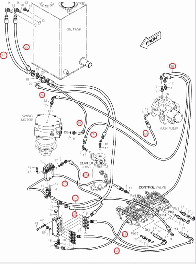 Doosan DX35Z installation diagram showing hydraulic hose DS2093193 at Pipe No. 41