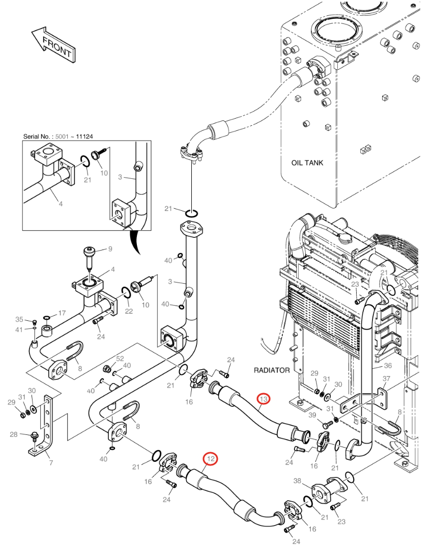Doosan DX140W installation diagram showing hydraulic hose DS2038221 at Pipe No. 13