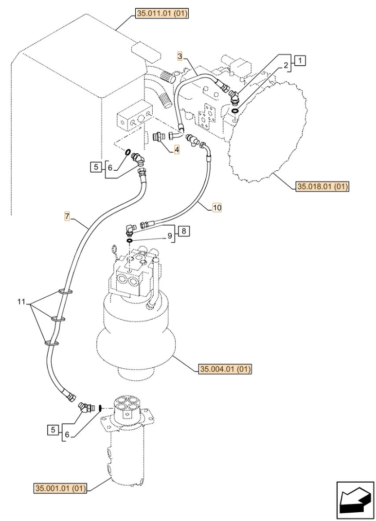 Case CX130C LC installation diagram showing hydraulic hose KHJ1264 at Pipe No. 10