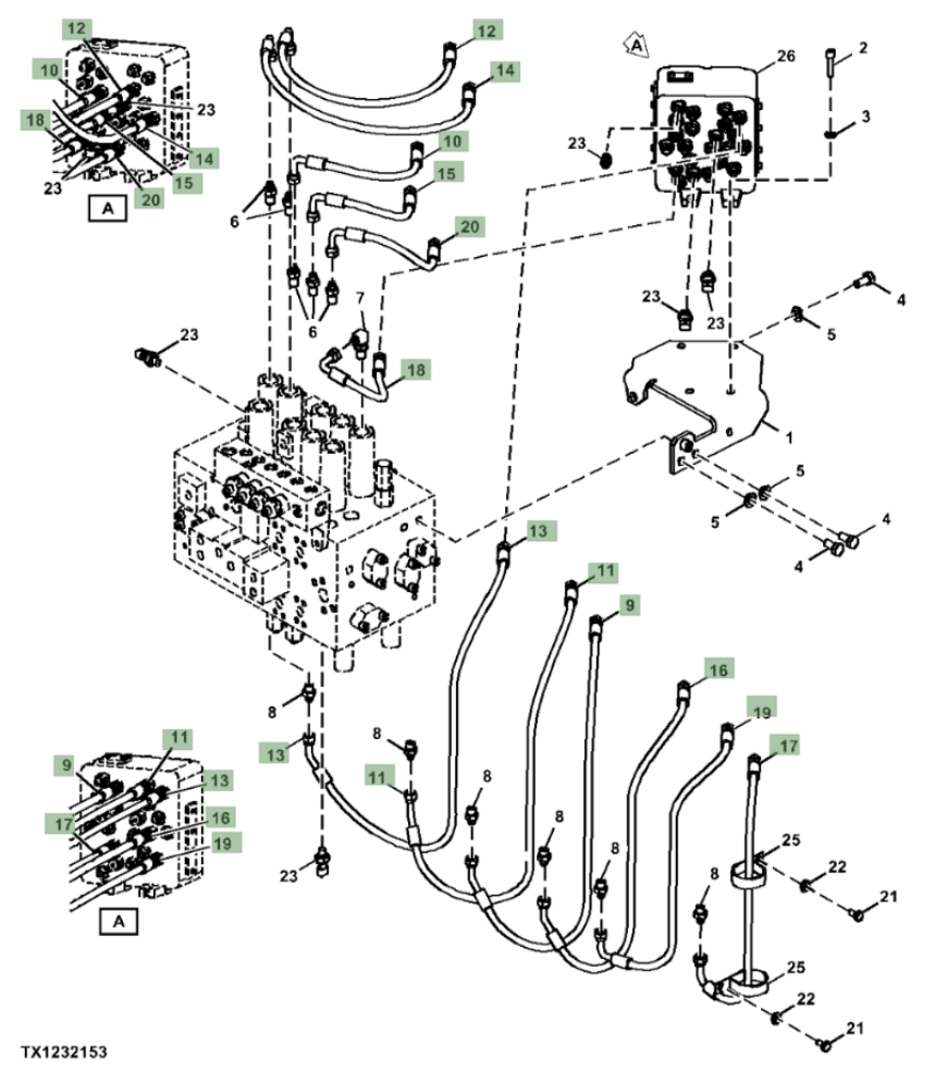 Hitachi ZX260F-FE-6N installation diagram showing hydraulic hose 4630940 at Pipe No. 14