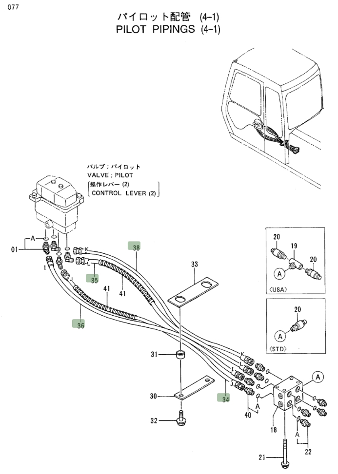 Hitachi EX100M-3 installation diagram showing hydraulic hose 4281537 at Pipe No. 38