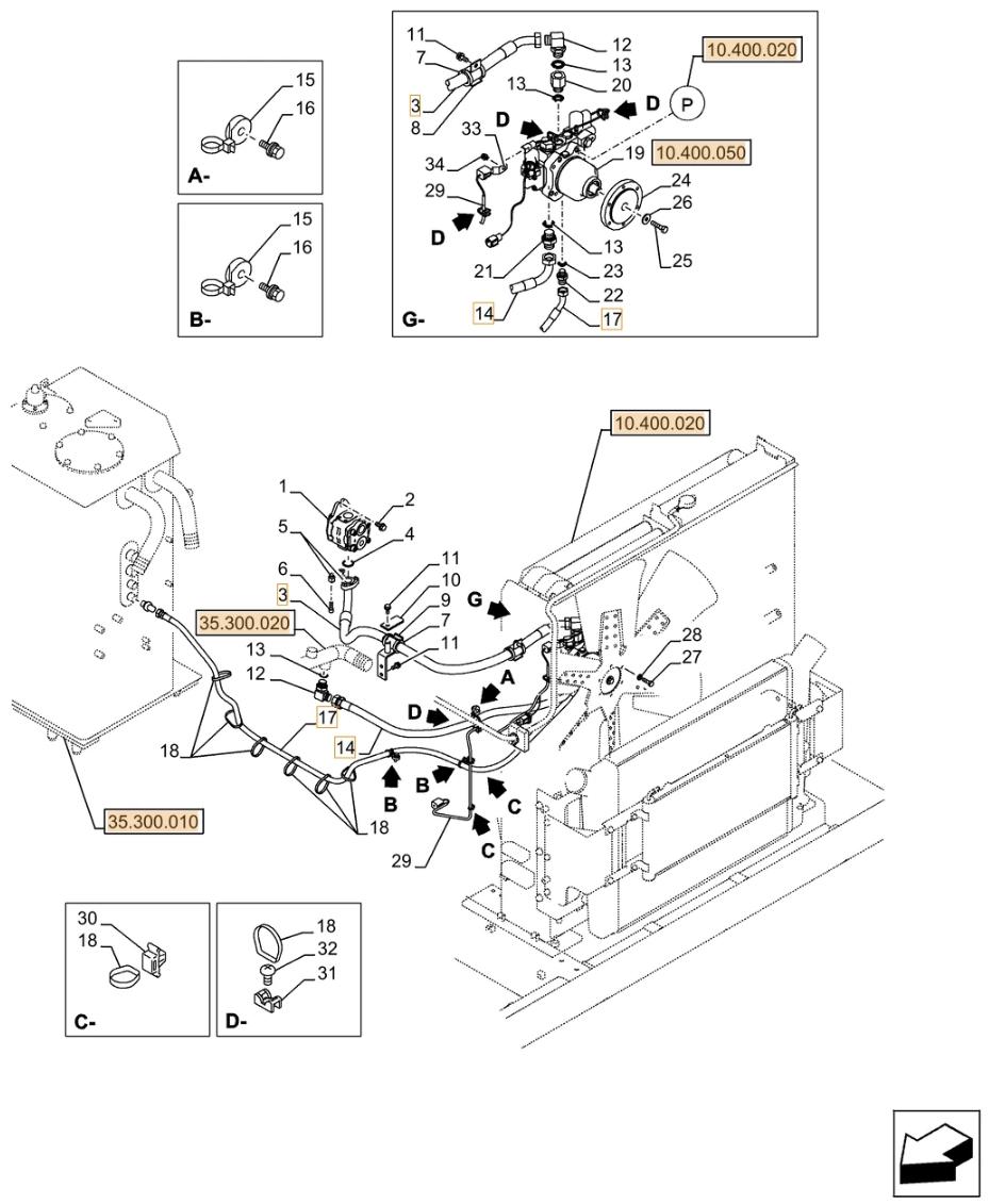 Case CX500D LC ME installation diagram showing hydraulic hose KAJ3619 at Pipe No. 14