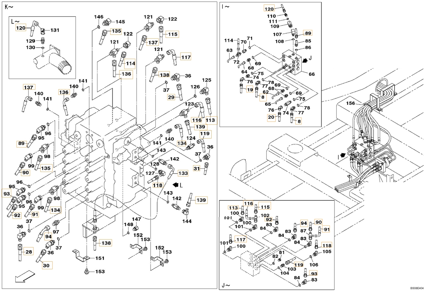 Case CX800B installation diagram showing hydraulic hose 152264A1 at Pipe No. 118