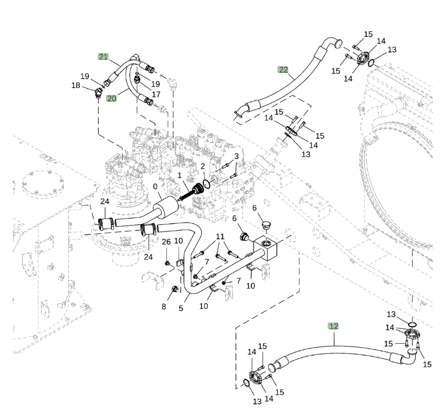 Hitachi ZX470LC-5G installation diagram showing hydraulic hose 4264170 at Pipe No. 20
