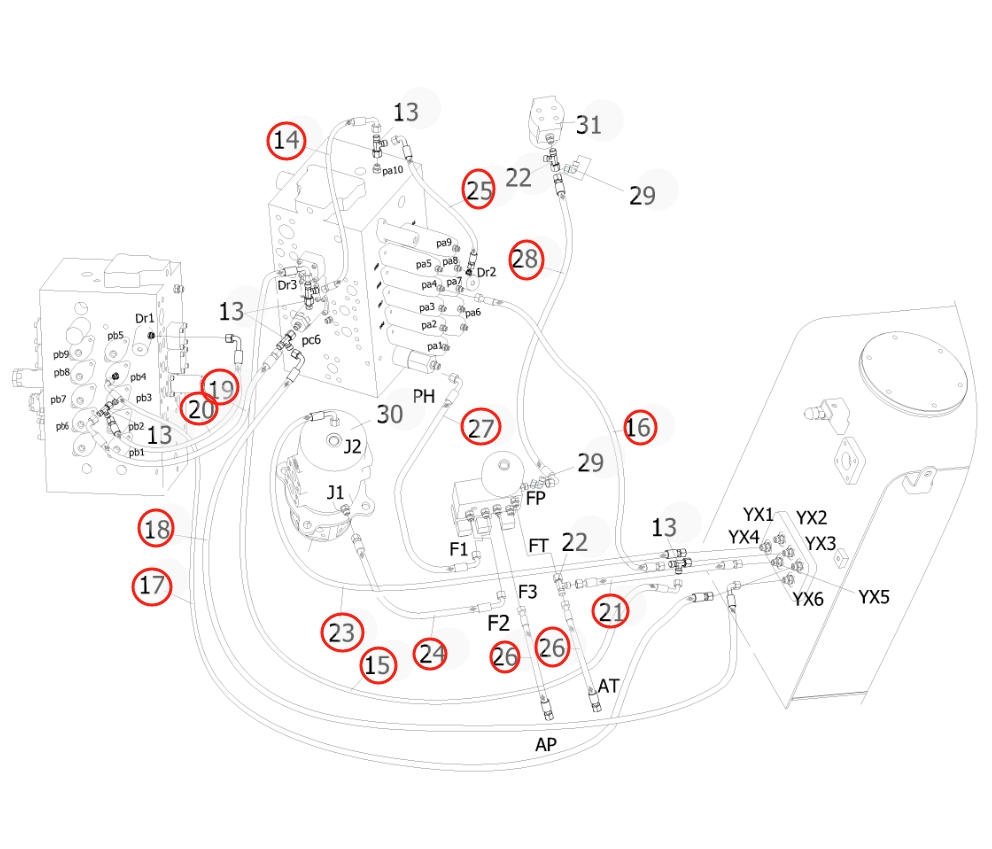 Sunward SWE470E-3 installation diagram showing hydraulic hose 730501001428 at Pipe No. 21