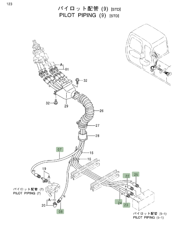 Hitachi EX200LC-5 installation diagram showing hydraulic hose 4346003 at Pipe No. 25