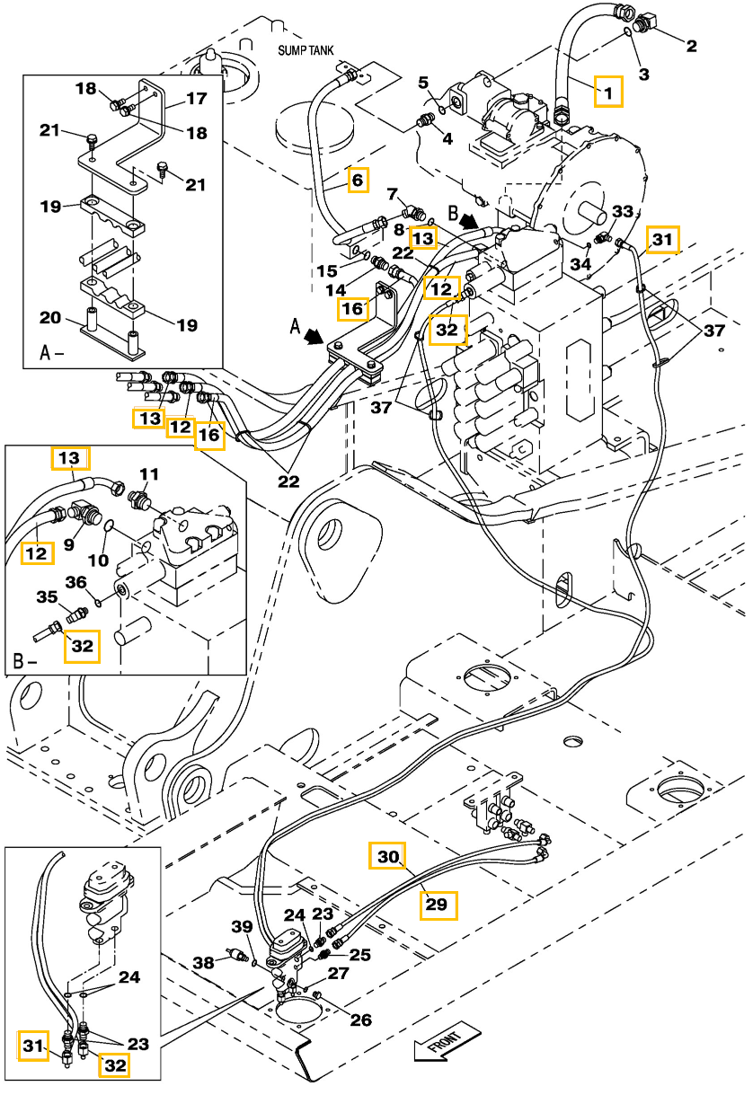 Case CX250C installation diagram showing hydraulic hose KHJ2089 at Pipe No. 29