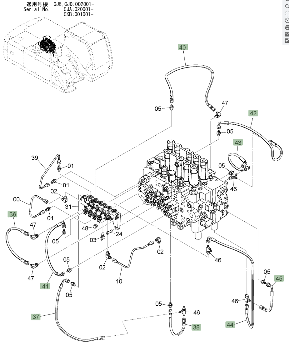 Hitachi ZX220W-3 installation diagram showing hydraulic hose 4630947 at Pipe No. 42