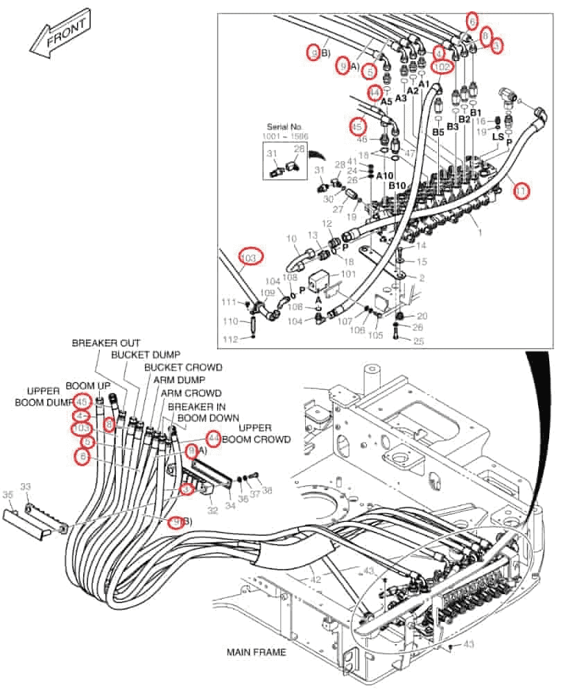 Doosan DX85R-3 installation diagram showing hydraulic hose DS20551266 at Pipe No. 45